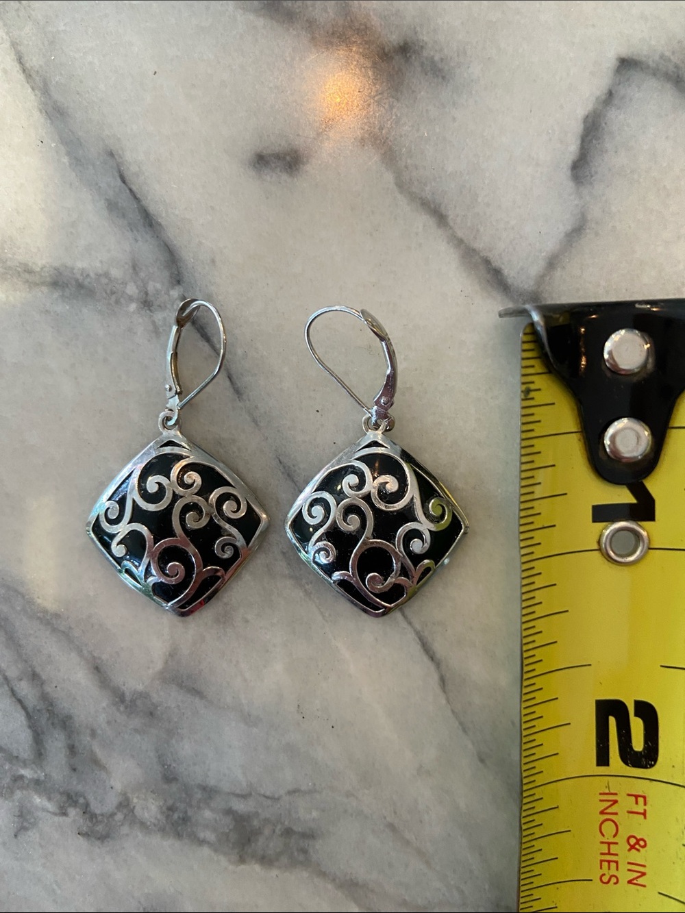 Vintage 14Kt. White Gold and Black Enamel Filigree Drop Earrings. - Picture 9 of 9